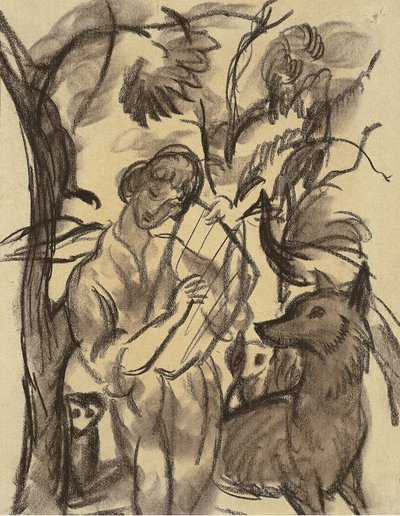 Frau mit Lyra und Hund von August Macke
